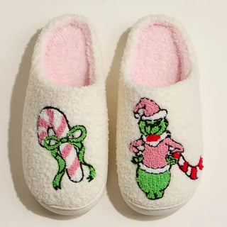Green Monster Holiday Slippers with Candy Cane