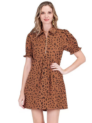 Front Zip Darts Dress in Brown Leopard