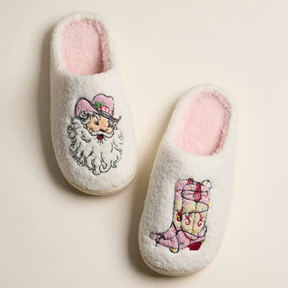 Fuzzy Holiday Slippers with Cowboy Santa and Boot Design