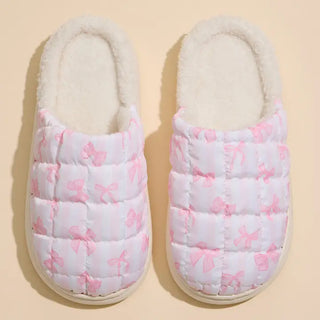 Quilted Puffy Slippers with Pink Bow Print