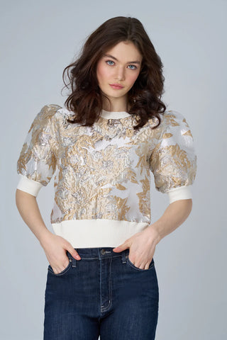Metallic Floral Puff Sleeve Knit Top