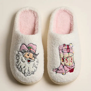 Fuzzy Holiday Slippers with Cowboy Santa and Boot Design