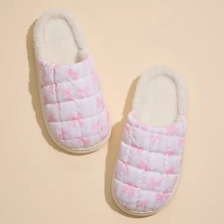 Quilted Puffy Slippers with Pink Bow Print