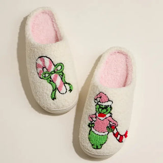 Green Monster Holiday Slippers with Candy Cane