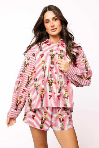 Red Stripe Scattered Nutcracker & Bow Cotton Button Up Top