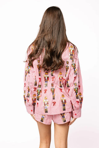 Red Stripe Scattered Nutcracker & Bow Cotton Button Up Top