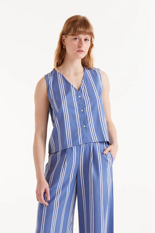 Blue Striped Print Button-up Top