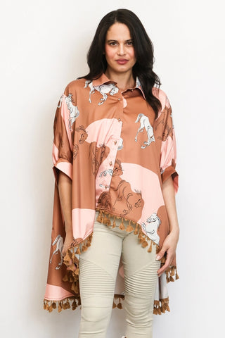 Dual Color Horse Printed Hi-Low Tasseled Hem Shirt