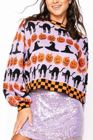 Lavender, Black & Orange Checker Trim Halloween Icon Sweater