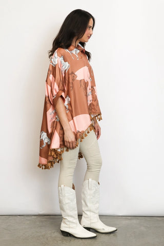 Dual Color Horse Printed Hi-Low Tasseled Hem Shirt