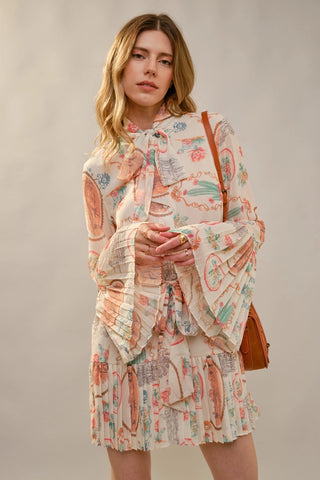 Cactus Vintage Print Pleated Mini Dress