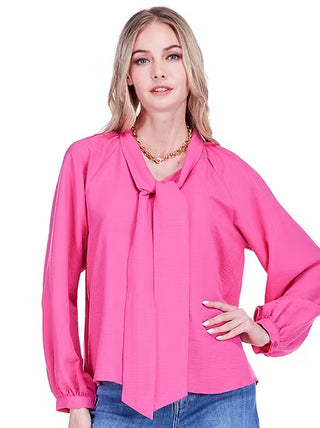 Pink V-Neck Buttons Tie Blouse