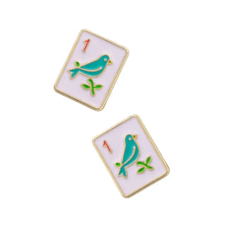 Sparrow Mahjong Tile Stud Earrings in White