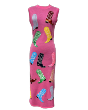 Pink Knit Multi Cowboy Boot Tank Midi Dress