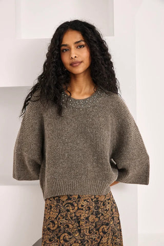 3/4 Sleeve Jewel Neck Wool Sweater