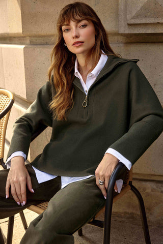 Sweater Knit Boxy Pullover With Zipped Collar