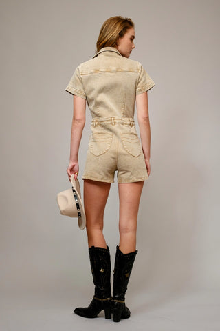 Garment Washed Embroidered Denim Romper