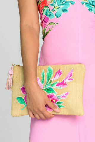 Raffia Clutch in Bias Bouquet Embroidery