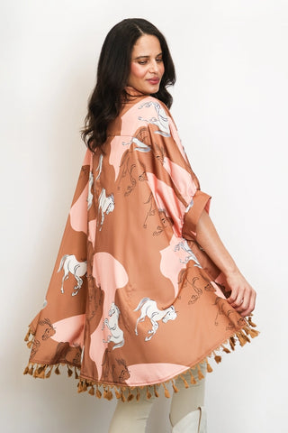 Dual Color Horse Printed Hi-Low Tasseled Hem Shirt