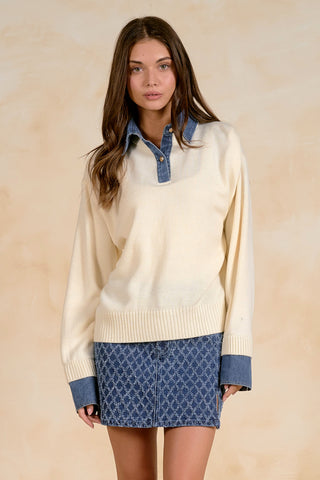 Denim-Collared Layered Pullover Knit