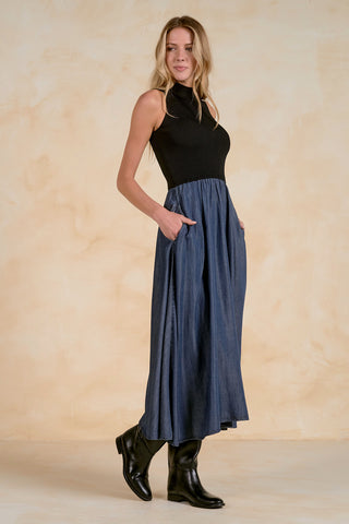 Sleeveless Mock-Neck Ribbed & Denim Maxi Dress