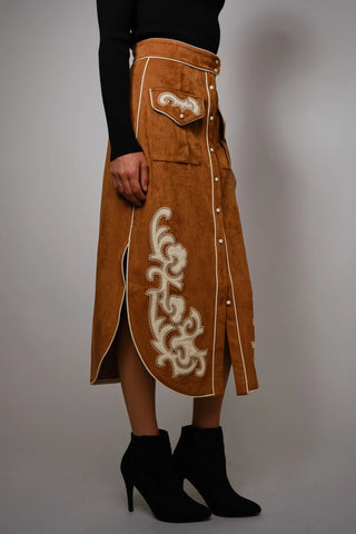 Suede Embroidered Patch Midi Skirt