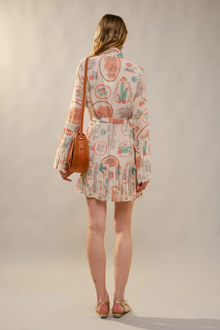 Cactus Vintage Print Pleated Mini Dress