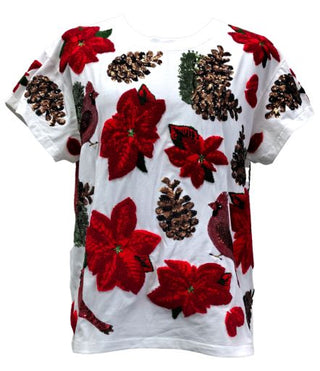 White Poinsettia & Pine Cone Tee