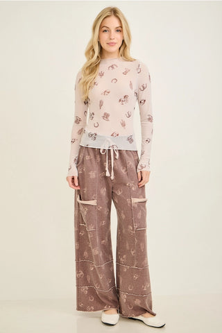 Washed Allover Western Graphic Print Pocket Pants