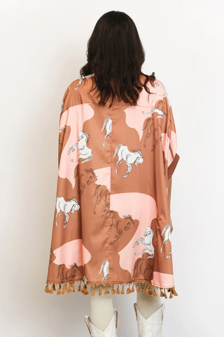 Dual Color Horse Printed Hi-Low Tasseled Hem Shirt