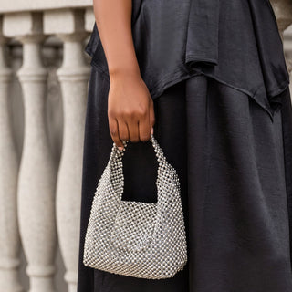 Krystal Silver Beaded Top Handle Bag