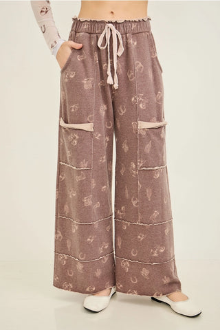 Washed Allover Western Graphic Print Pocket Pants