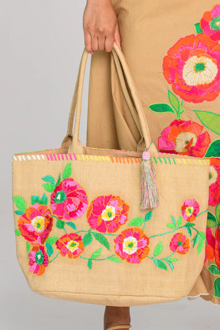Raffia Tote in Poppy Patch Embroidery