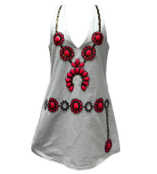 White Denim Pink Necklace V Neck Tank Dress