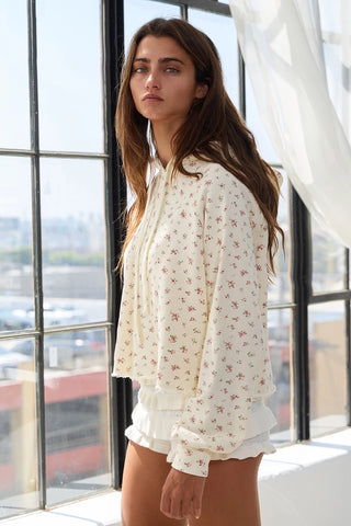 Delicate Peony Floral Print Cropped Pullover Hoodie