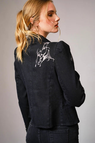Stretch Denim Embroidered Western Blazer