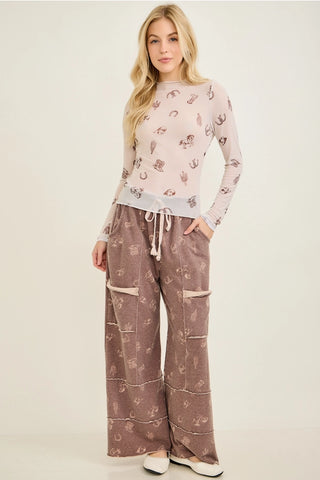 Washed Allover Western Graphic Print Pocket Pants