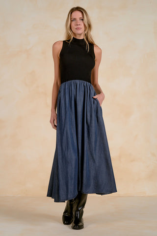 Sleeveless Mock-Neck Ribbed & Denim Maxi Dress