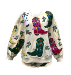 Beige Multi Christmas Cowboy Boots Sweatshirt