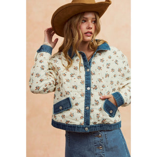 Washed Denim Collared Quilted Floral Jacket