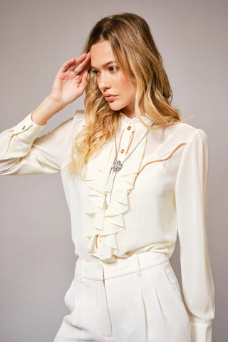 Chelsea Ruffle Front Button Up Blouse