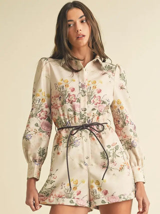 Faux Leather Belted Floral Playsuit