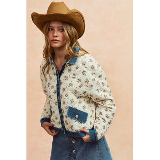 Washed Denim Collared Quilted Floral Jacket