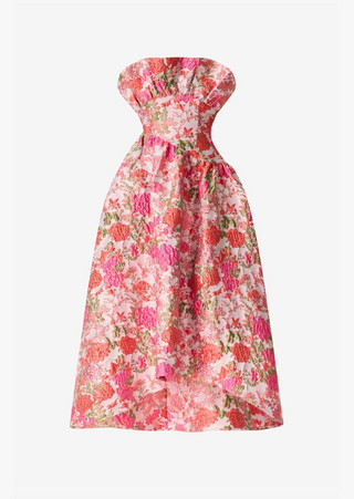 Pink Floral Jacquard Strapless High-Low Midi Dress