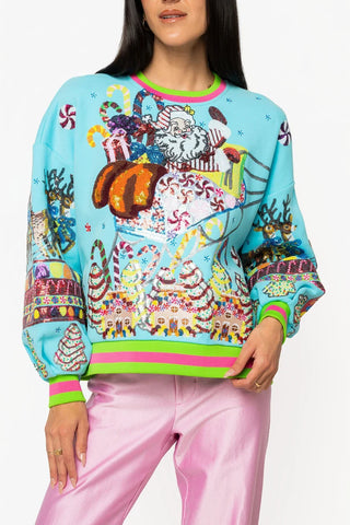 Aqua Vintage Santa Gingerbread House Sweatshirt