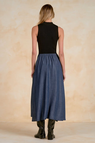 Sleeveless Mock-Neck Ribbed & Denim Maxi Dress