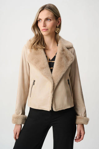 Foiled Faux Suede Jacket With Faux Fur Collar