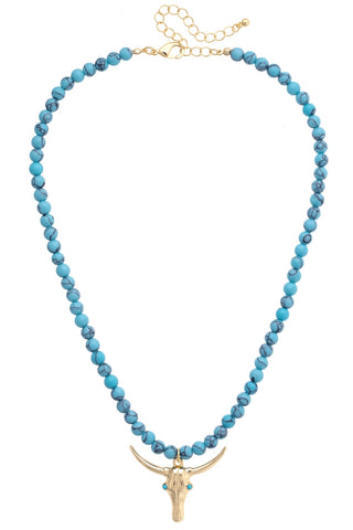Taos Steer Skull Beaded Necklace in Turquoise