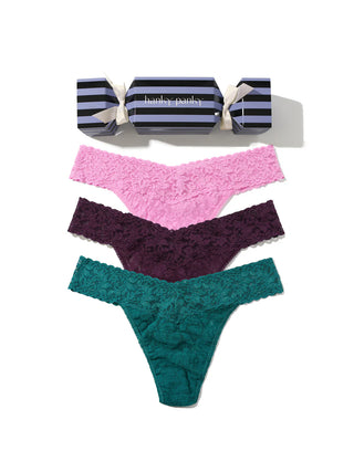Signature Lace® Original Rise Thong Holiday 3 Pack Cracker Drifting Horizon Pink/Stone Fruit Purple/Moonstone Green