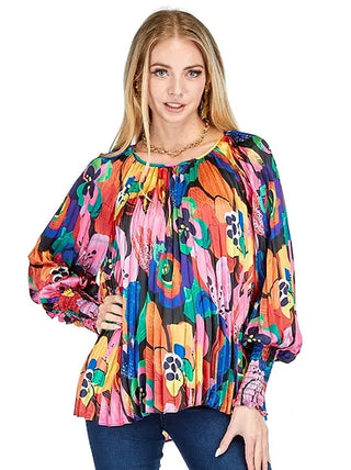 Pleated Bishop Sleeve Blouse